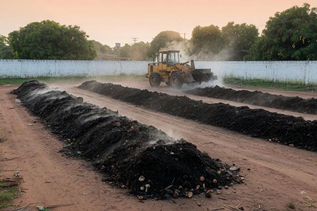 Leiras de compostagem em pátio de usina, com material orgânico virado em leiras longas.